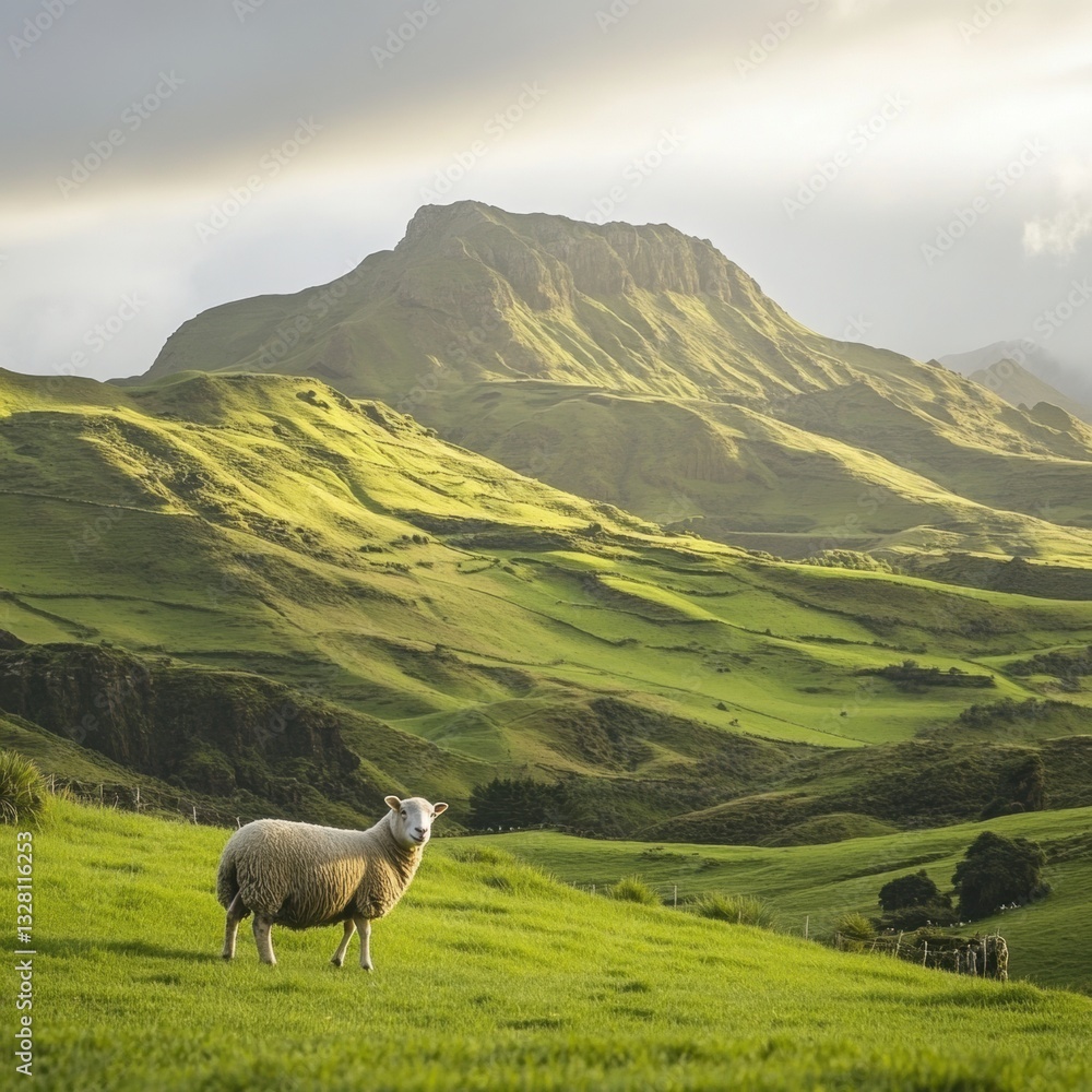 Fototapeta premium Serene Sheep Grazing on Lush Green Hills Scenic Mountain Landscape