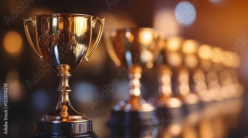 Golden trophies lined up on a dark surface, awards ceremony