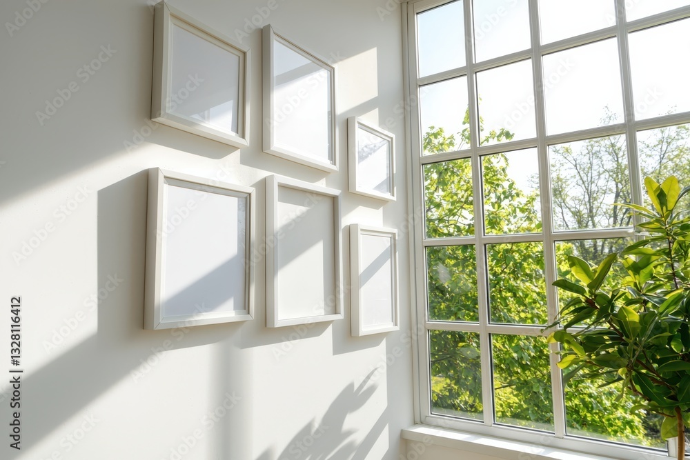 Fototapeta premium Minimalist whitewashed picture frames on a bright wall contemporary interior design natural light setting straight-on view emphasizing simplicity