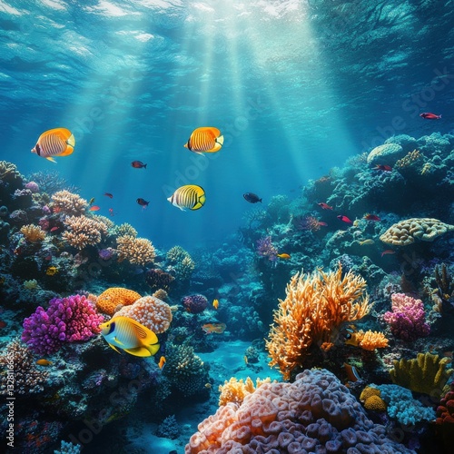 Wallpaper Mural Vibrant Underwater Coral Reef Scene with Colorful Fish Swimming in Sunlight Torontodigital.ca