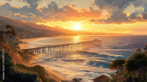 Coastal sunset pier ocean waves beach landscape
