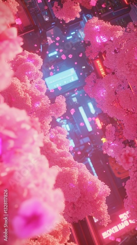 Pink cherry blossoms cascade above a futuristic urban city scene