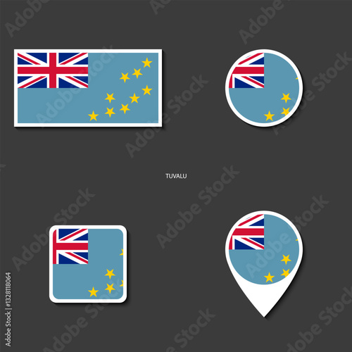 Tuvalu flag icon set in different shape (rectangle, circle, square and marker icon) on dark grey background. Tuvalu sticker icon collection on barely dark background	