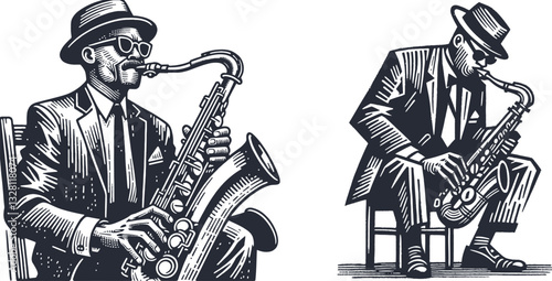 jazz musician playing saxophone while seated on a stool. A figure in a suit and hat and old sunglasses musician, Saxophone, Stool, Suit, Hat, Sunglasses, Linocut, Woodcut style