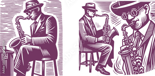 old color jazz musician playing saxophone while seated on a stool. A figure in a suit and hat and old sunglasses musician, Saxophone, Stool, Suit, Hat, Sunglasses, Linocut, Woodcut style