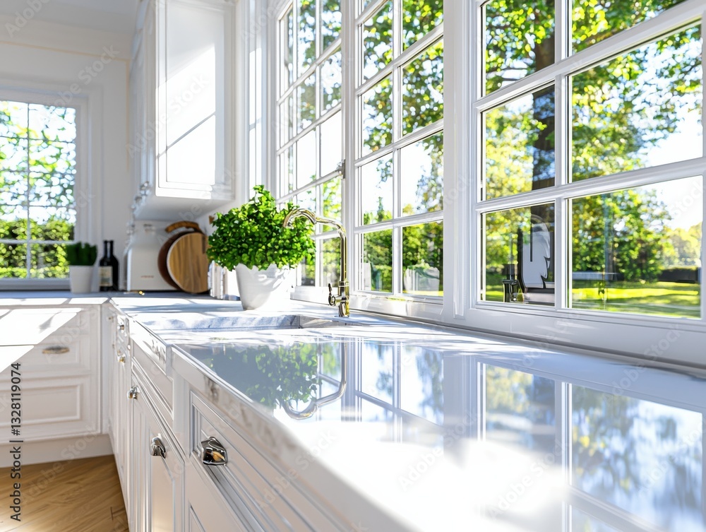 Fototapeta premium Restored cabinetry in bright kitchen showcasing natural light and stunning details eye level view realistic setting