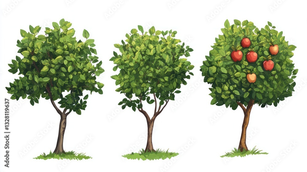 Fototapeta premium Apple tree growth stages, orchard, white background, illustration, educational