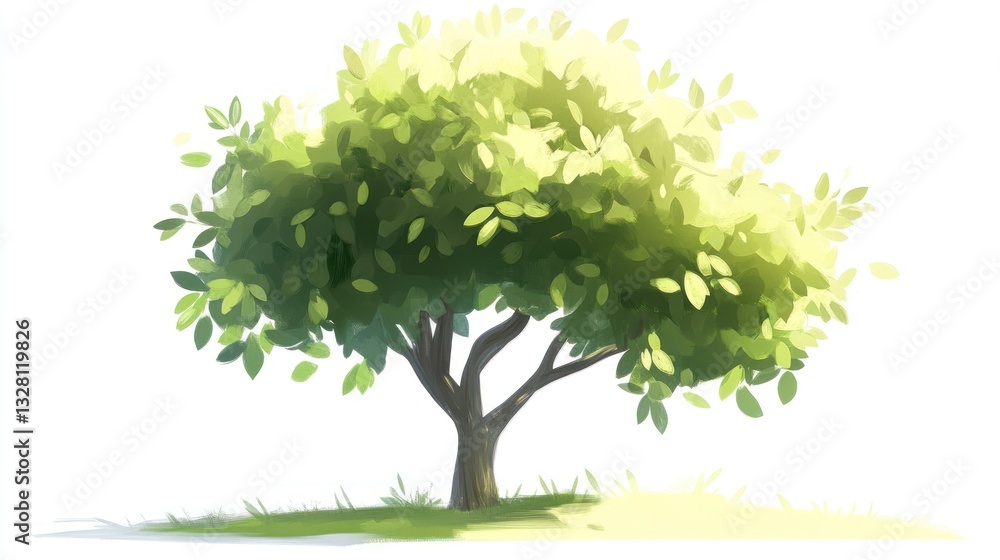 Fototapeta premium Lush green tree, sunny day, white background, nature illustration