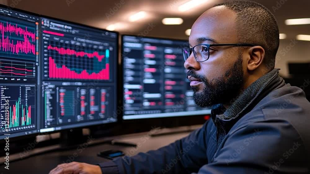 Focused Data Analyst Working Late Focused Data Analyst Working Late