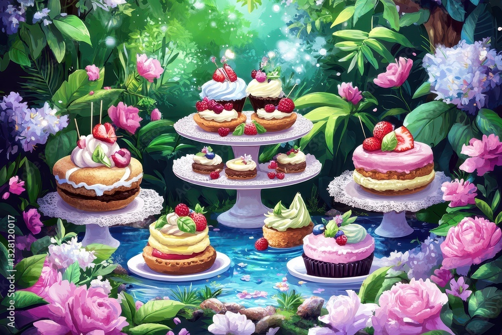 Various baked desserts served in an enchanted garden setting Various baked desserts served in an enchanted garden setting