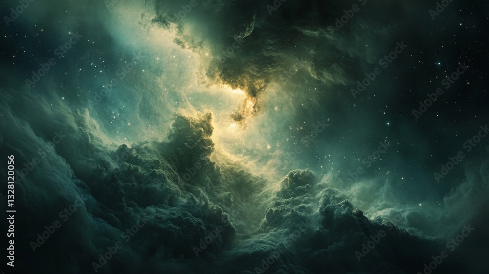 Fototapeta premium Dark Green And Yellow Nebula Space Background