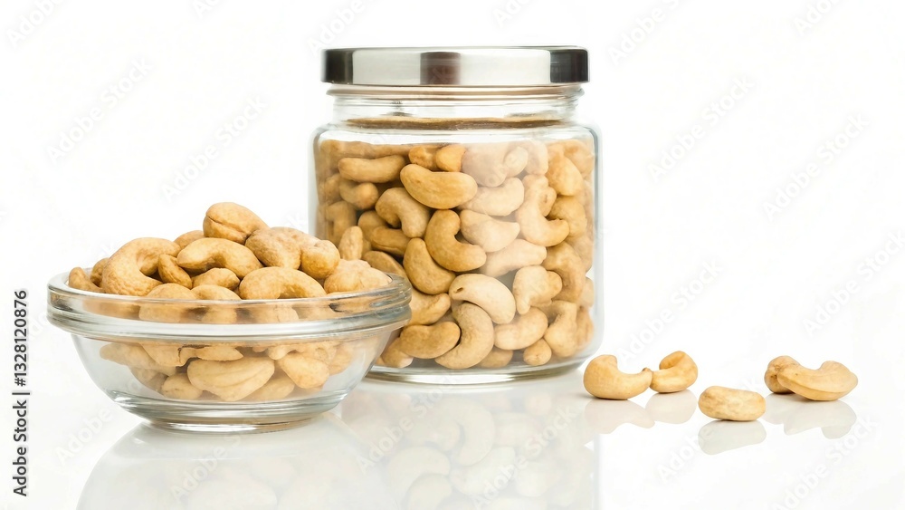 Transparent food jar with a cap, filled with rich golden cashew nuts, alongside a clear glass bowl brimming with cashews, all placed on a pristine white surface against a pure white background Transparent food jar with a cap, filled with rich golden cashew nuts, alongside a clear glass bowl brimming with cashews, all placed on a pristine white surface against a pure white background