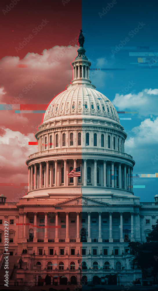 Fototapeta premium Divided Capitol: Politics, Polarization, and the American Divide. Visualizing US Political Landscape with Red vs Blue, USA Flag.