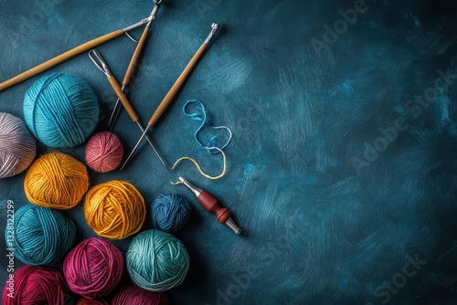 Colorful yarn balls and knitting tools arranged on a textured blue background, creating a cozy crafting scene