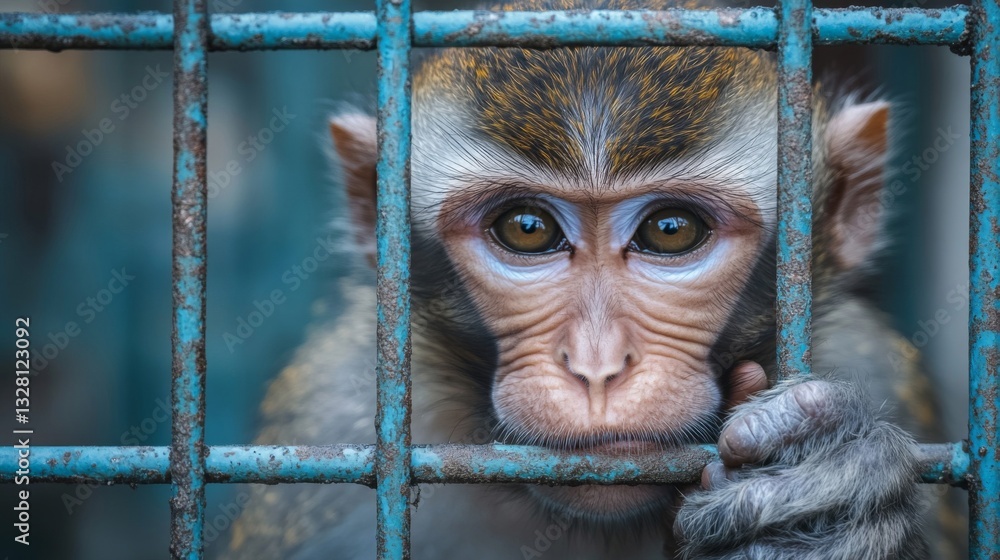 Naklejka premium Portrait of a Sad Monkey in a Rusty Cage