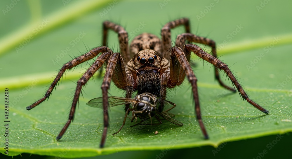 Closeup of Wolf Spider Devouring its Prey on a Green Leaf in Nature Macro Photography Closeup of Wolf Spider Devouring its Prey on a Green Leaf in Nature Macro Photography