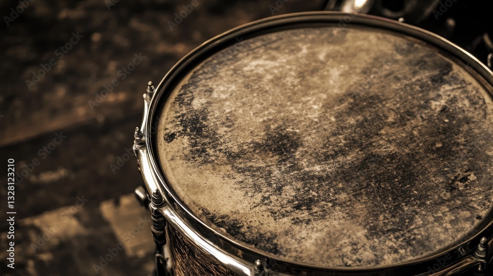 A snare drum with a worn drumhead, showcasing the marks of countless performances. A snare drum with a worn drumhead, showcasing the marks of countless performances.