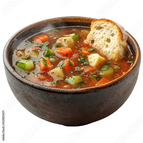 A steaming bowl of hearty vegetable soup with a slice of freshly baked bread, showcasing vibrant colors and inviting textures.