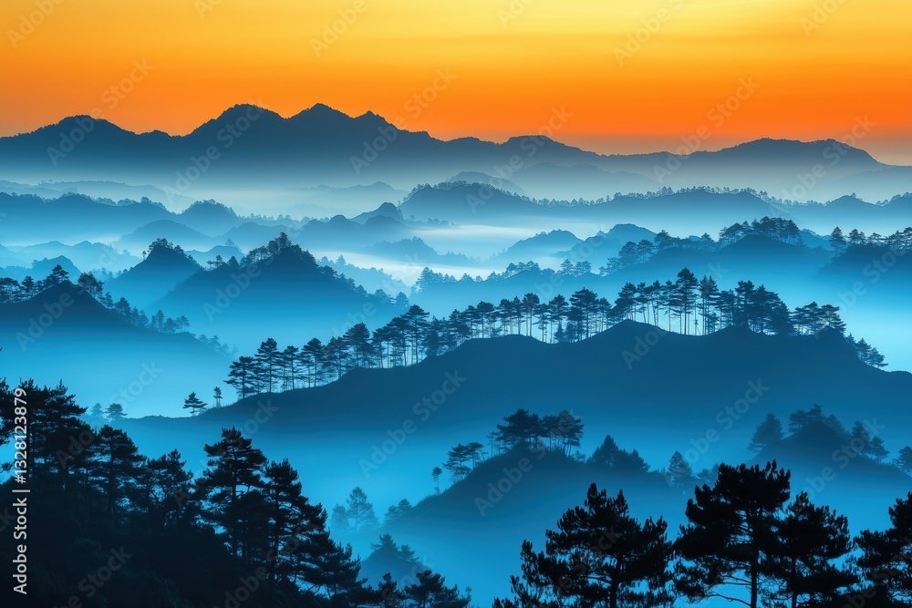 Stunning mountain range at dawn with soft light and gentle hills creating a peaceful and tranquil natural scene Stunning mountain range at dawn with soft light and gentle hills creating a peaceful and tranquil natural scene