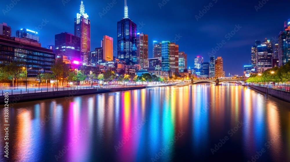 Obraz premium Vibrant Night View of Melbourne City Skyline with Reflections