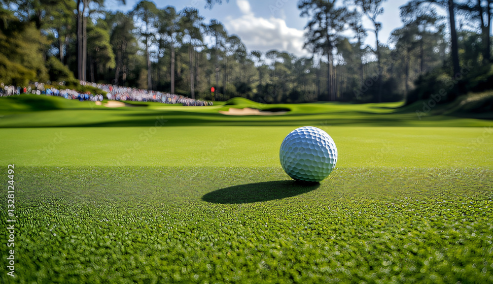 Fototapeta premium Golf Ball on Green with Spectator Background
