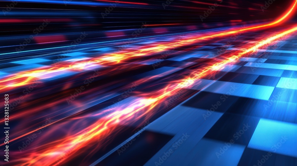 Dynamic Motion Blur with Neon Light Trails Over a Checkered Floor in a Futuristic Setting Dynamic Motion Blur with Neon Light Trails Over a Checkered Floor in a Futuristic Setting