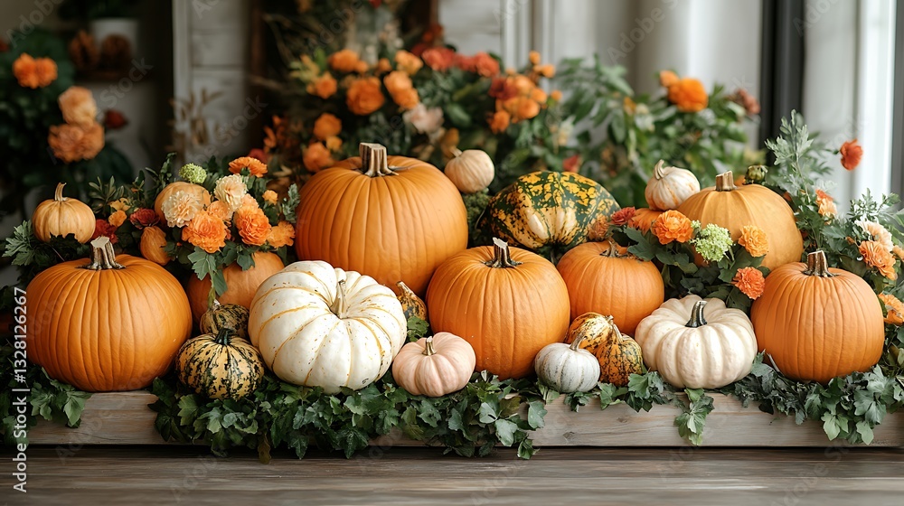 Autumnal display of pumpkins and flowers. Autumnal display of pumpkins and flowers.