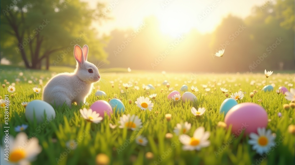 Fototapeta premium Enchanted Easter Meadow with Colorful Eggs, Blooming Spring Flowers, and Playful Bunnies in a Sunlit Landscape