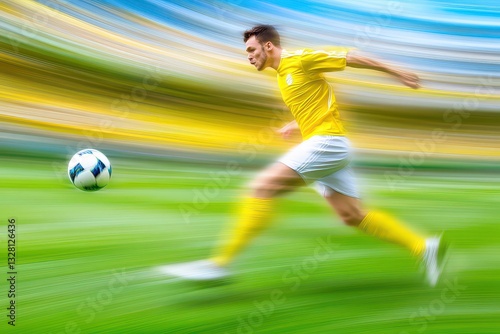 Dynamic soccer player in yellow jersey sprinting across a blurred field during a match