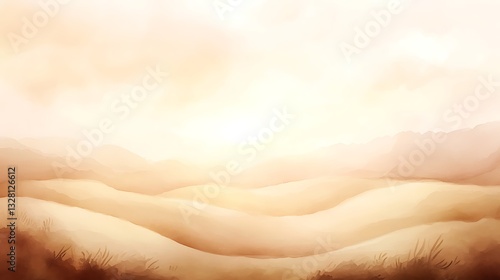 Serene landscape with soft hills and a warm, glowing horizon at sunrise.