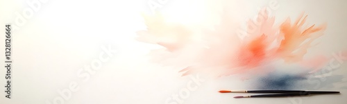 Abstract watercolor splash with brushes on a light background, showcasing vibrant colors and artistic potential.