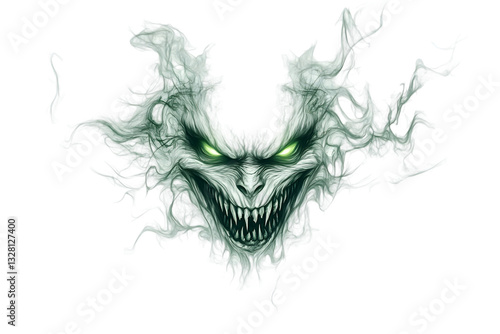 An eerie ghostly figure with sharp teeth and glowing green eyes emerges from swirling smoke, creating a haunting and mysterious atmosphere.