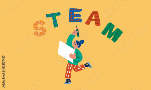 STEAM教育の文字と学生の未来教育をイメージするイラスト
