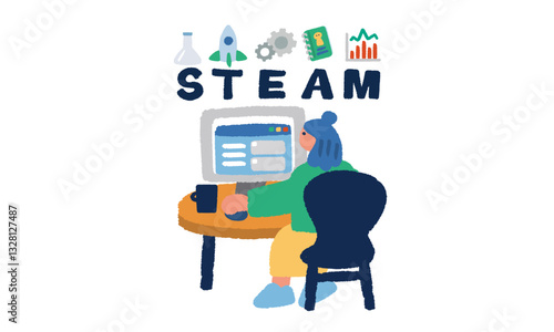 STEAM教育の文字と学生の未来教育をイメージするイラスト
