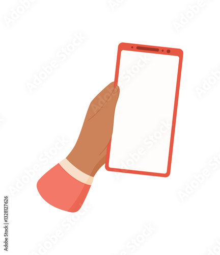 A mobile phone held in a hand. A smartphone displayed in a users palm. This digital device shows template screen for easy customization. Simple and flat design, ideal for application or marketing