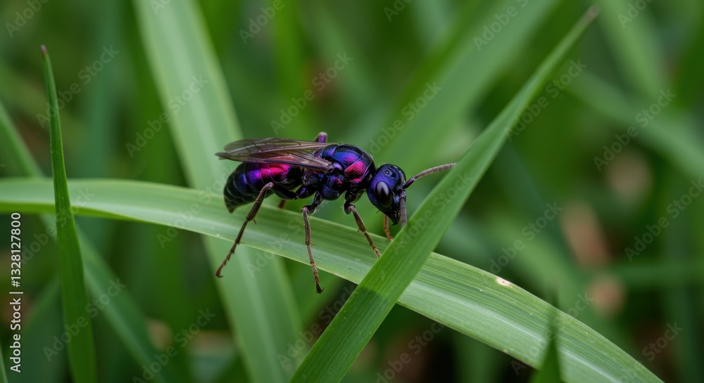 Naklejka premium Vibrant Jewel Wasp on Lush Green Grass Blade: A Stunning Macro Photograph of a Metallic Insect