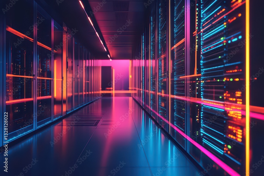 Fototapeta premium Futuristic server room corridor illuminated with vibrant neon lights, showcasing technology