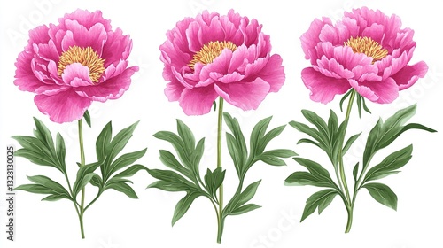 Fototapeta Naklejka Na Ścianę i Meble -  Set of three pink peonies with green leaves, illustration on a white background, detailed, watercolor, pastel colors, hand-drawn, hyper-realistic, delicate flowers
