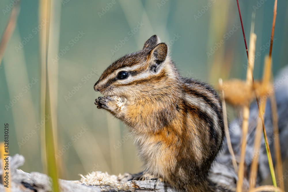 Obraz premium The yellow-pine chipmunk (Neotamias amoenus) is a species of order Rodentia in the family Sciuridae. Thumb Geyser, Yellowstone National Park, Wyoming. Timothy (Phleum pratense)，timothy-grass, 