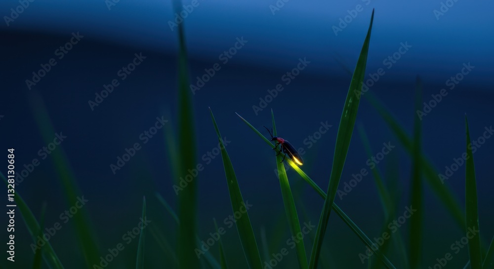Night Glow A Firefly's Luminescence on Grass Blade at Twilight Night Glow A Firefly's Luminescence on Grass Blade at Twilight