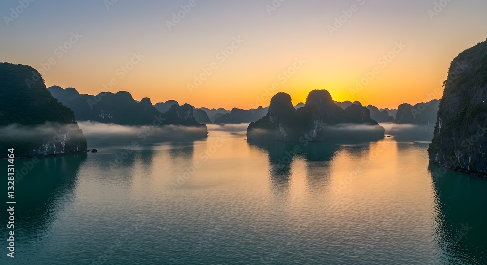 Fototapeta premium Scenic Sunrise Over Calm Waters and Majestic Limestone Islands