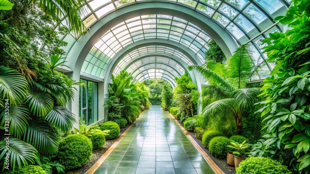 Minimalist Lush Indoor Garden Path, Arched Glass Ceiling Stock Photo Minimalist Lush Indoor Garden Path, Arched Glass Ceiling Stock Photo
