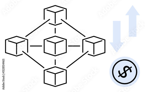 Connected blocks symbolizing blockchain technology with dollar sign indicating currency exchange. Ideal for finance, cryptocurrency, decentralized systems, data transfer, innovation, payment network