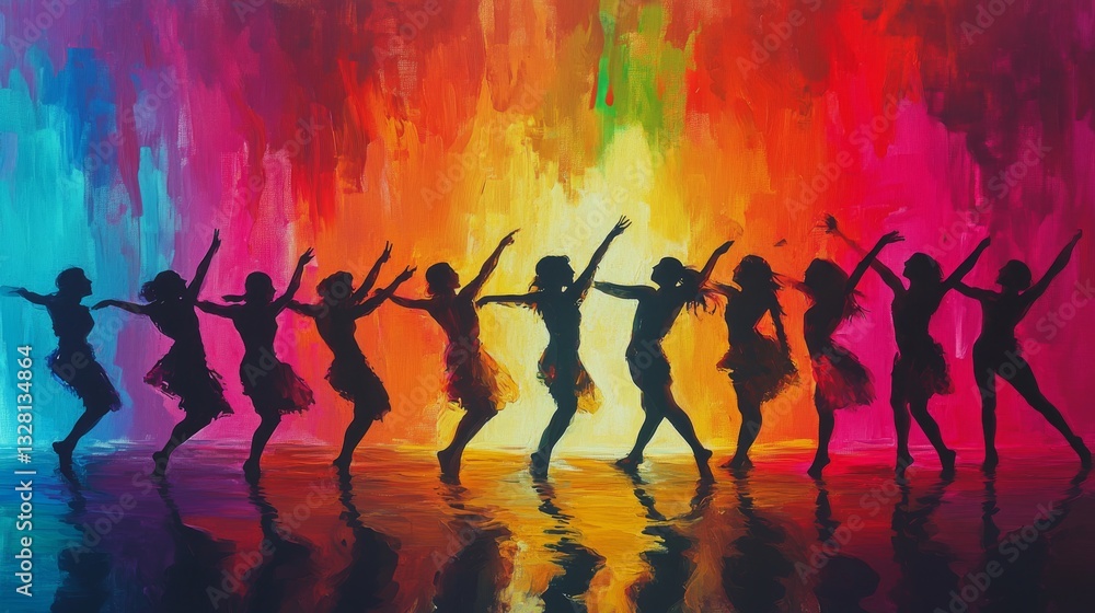 Dynamic Silhouettes of Dancers in Vivid Colors Against a Backdrop of Vibrant Artistry Dynamic Silhouettes of Dancers in Vivid Colors Against a Backdrop of Vibrant Artistry