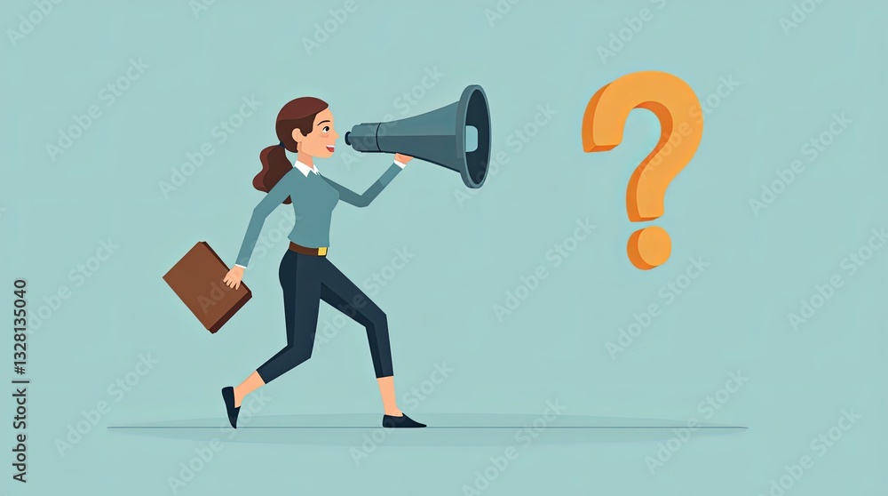 Fototapeta premium A woman is running with a microphone and a briefcase