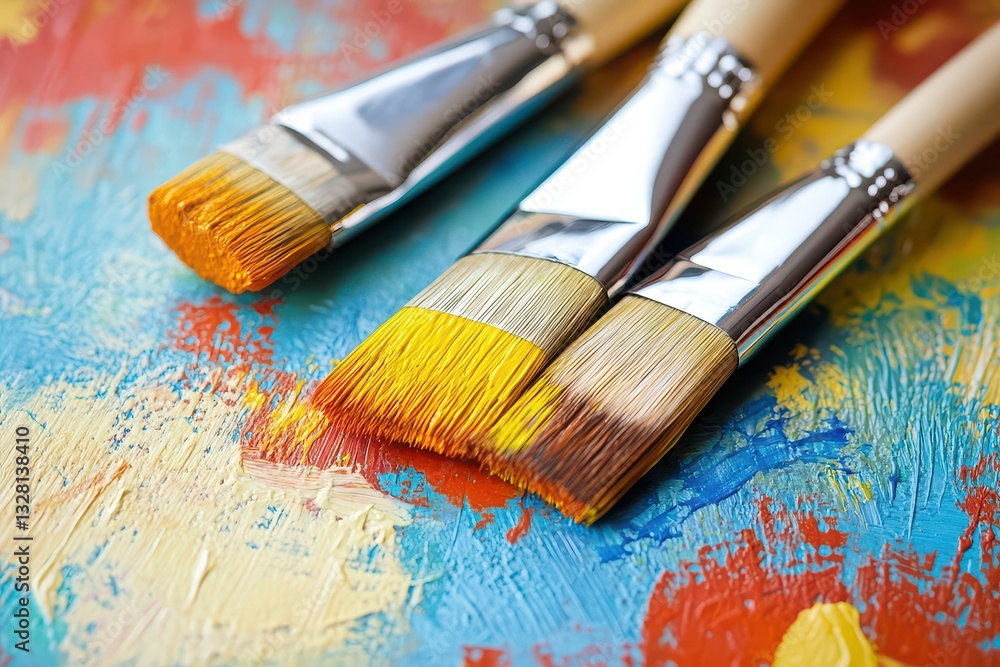 Obraz premium Three paintbrushes with vibrant colors resting on a colorful palette, showcasing artistic creativity
