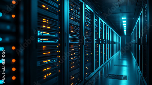 High-Tech Data Center Corridor with Rows of Illuminated Server Racks and LED Indicators, Futuristic interior of modern data centre, Cybersecurity concept