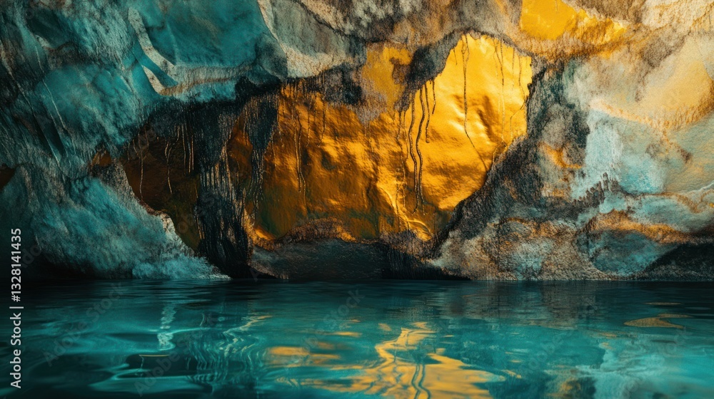 Fototapeta premium Golden Cave Entrance, Teal Water, Stalactites, Underground Lake, Nature Scene