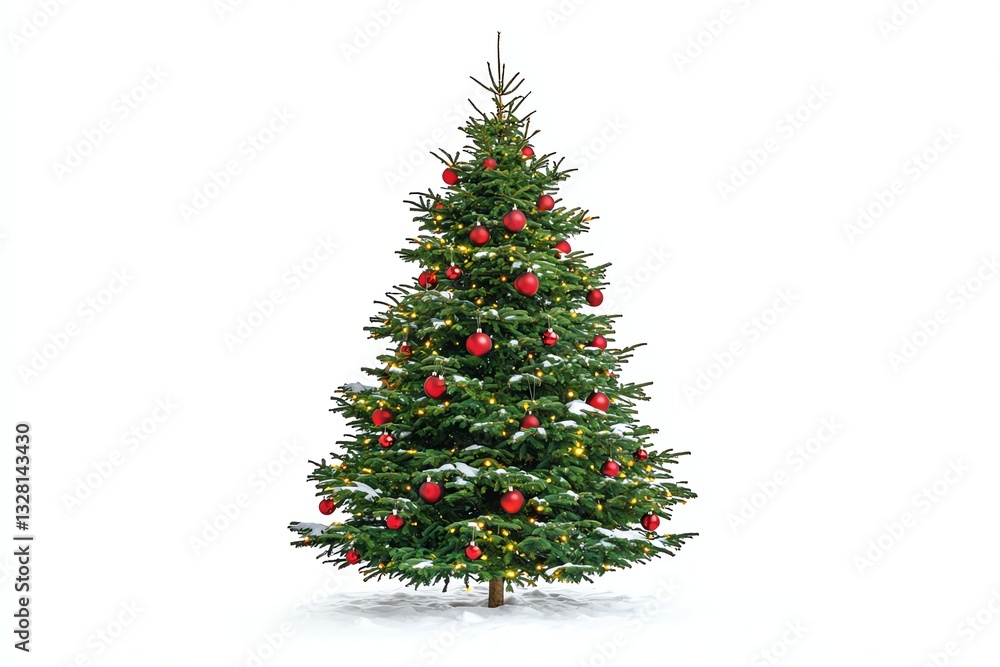 Fototapeta premium Decorated Christmas Tree with Red Ornaments and Lights on Snow