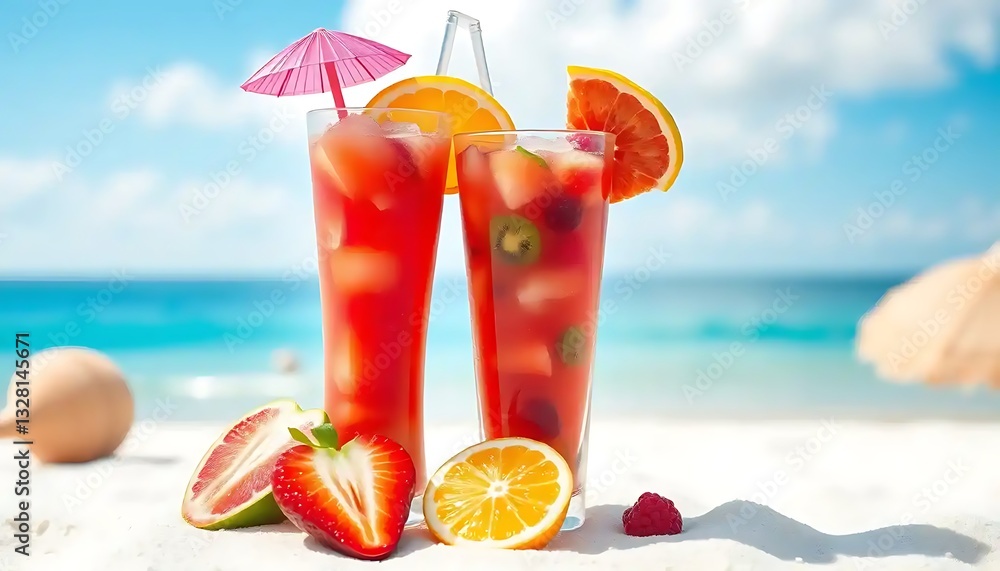 Obraz premium Refreshing tropical fruit cocktails served on a serene beach backdrop